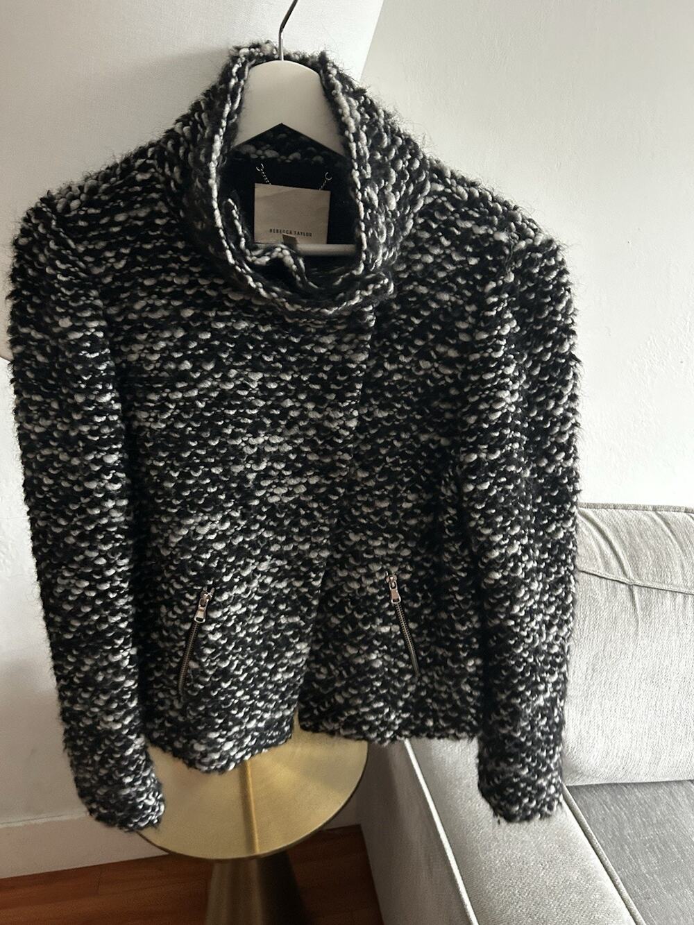 Rebecca Taylor Amsterdam Tweed Moto Jacket Black White Sz 8